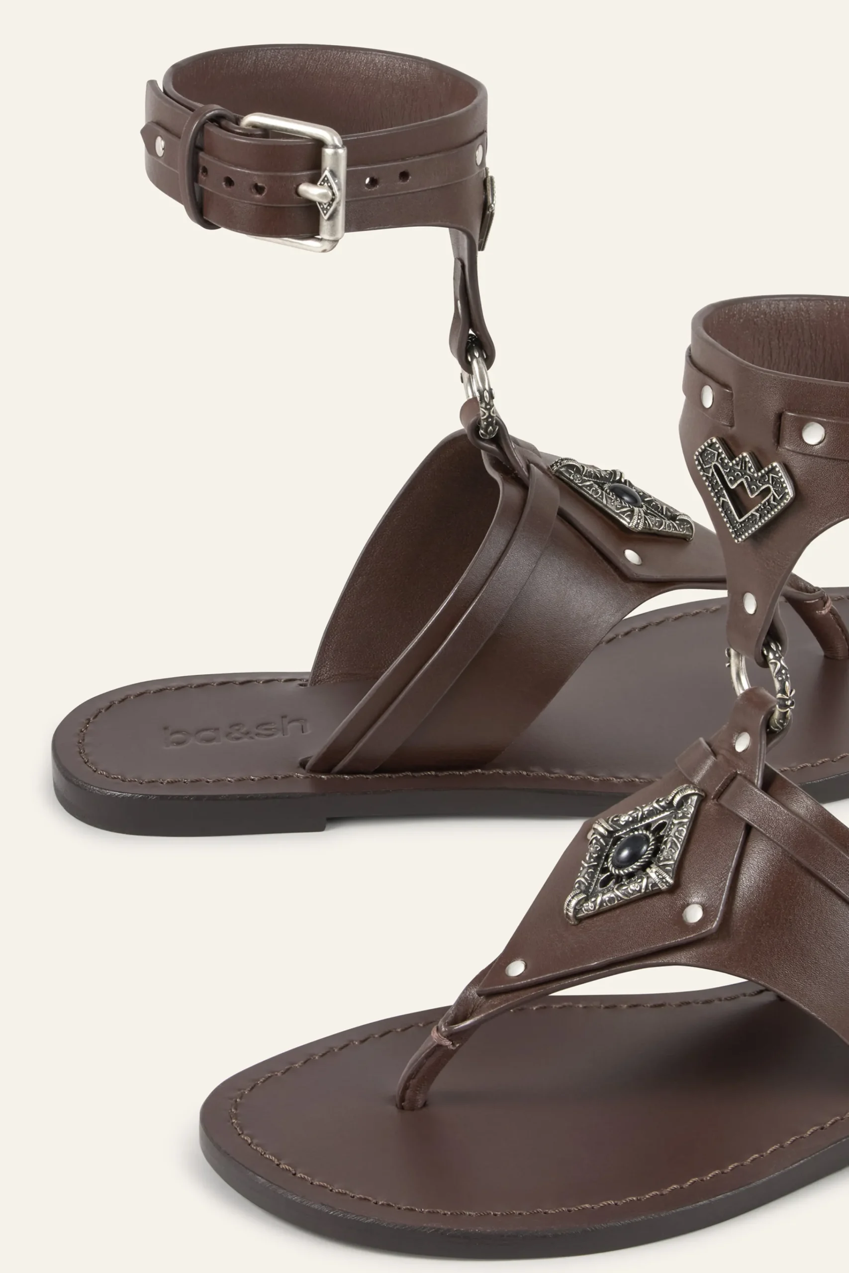 Ba&Sh CORFOU sandales plates cuir MARRON Outlet